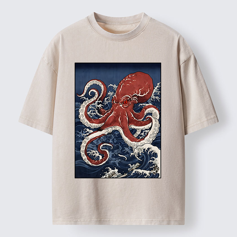 Tokyo-Tiger Japanese Octopus Wave Washed T-Shirt