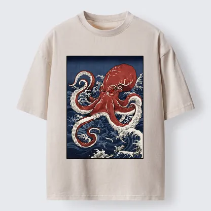Tokyo-Tiger Japanese Octopus Wave Washed T-Shirt