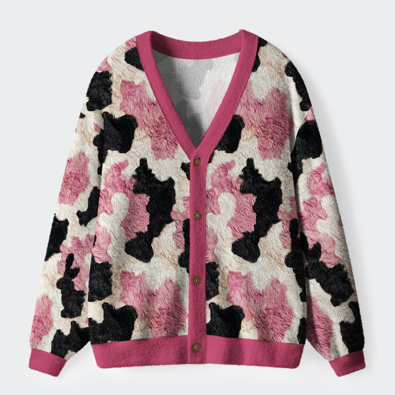 Tokyo-Tiger Pink-Patch Pastures: Whimsical Cow Print Ugly Cardigan Sweater