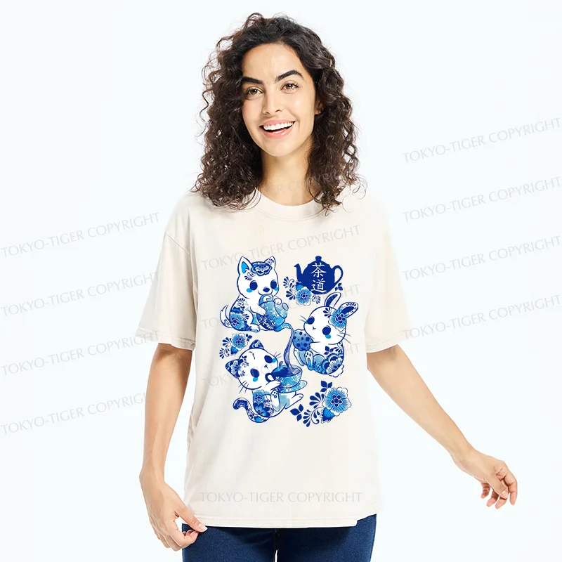 Tokyo-Tiger Blue And White Porcelain Washed T-Shirt
