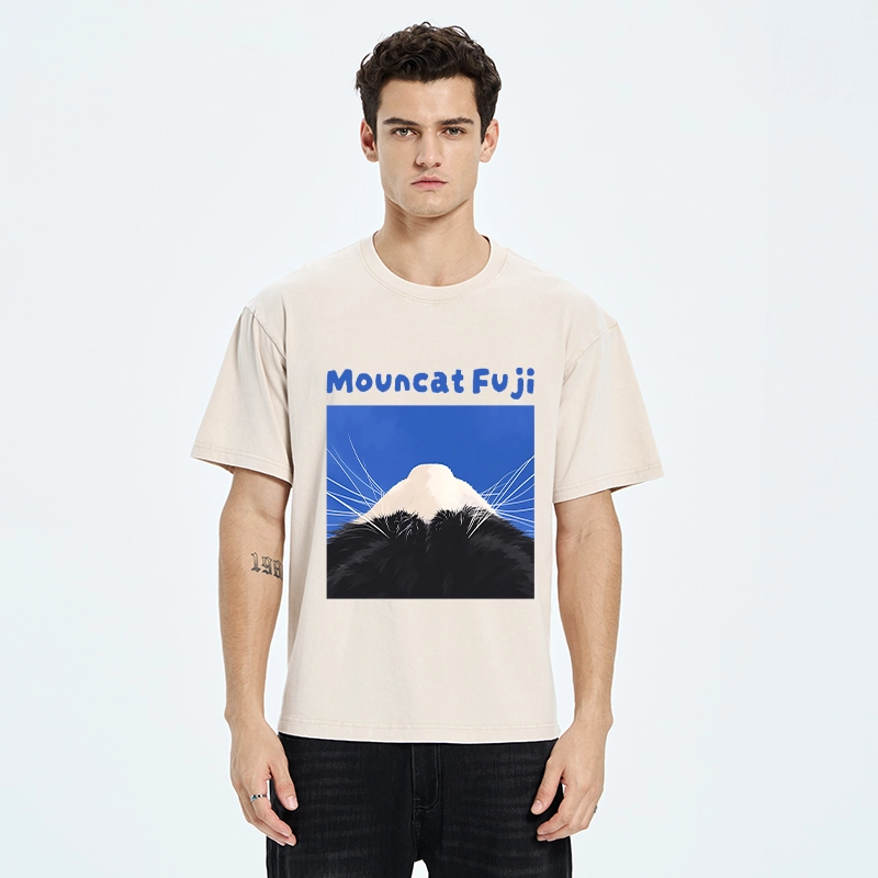 Tokyo-Tiger Cute Cat Fuji Mountain Art Washed T-Shirt