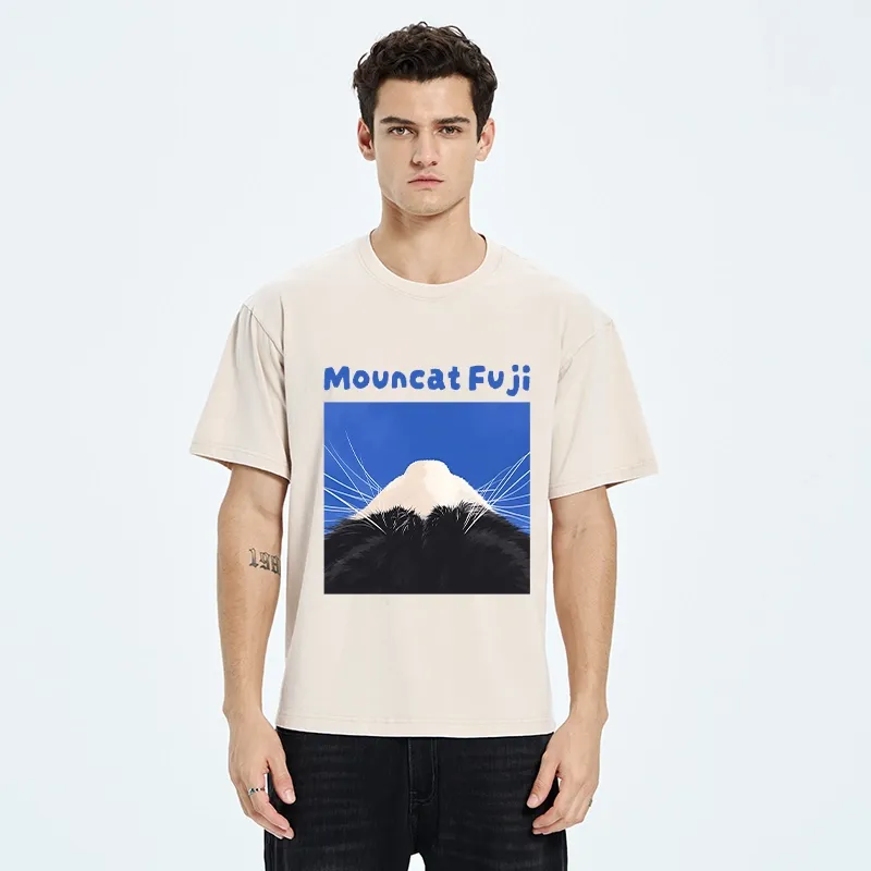 Tokyo-Tiger Cute Cat Fuji Mountain Art Washed T-Shirt