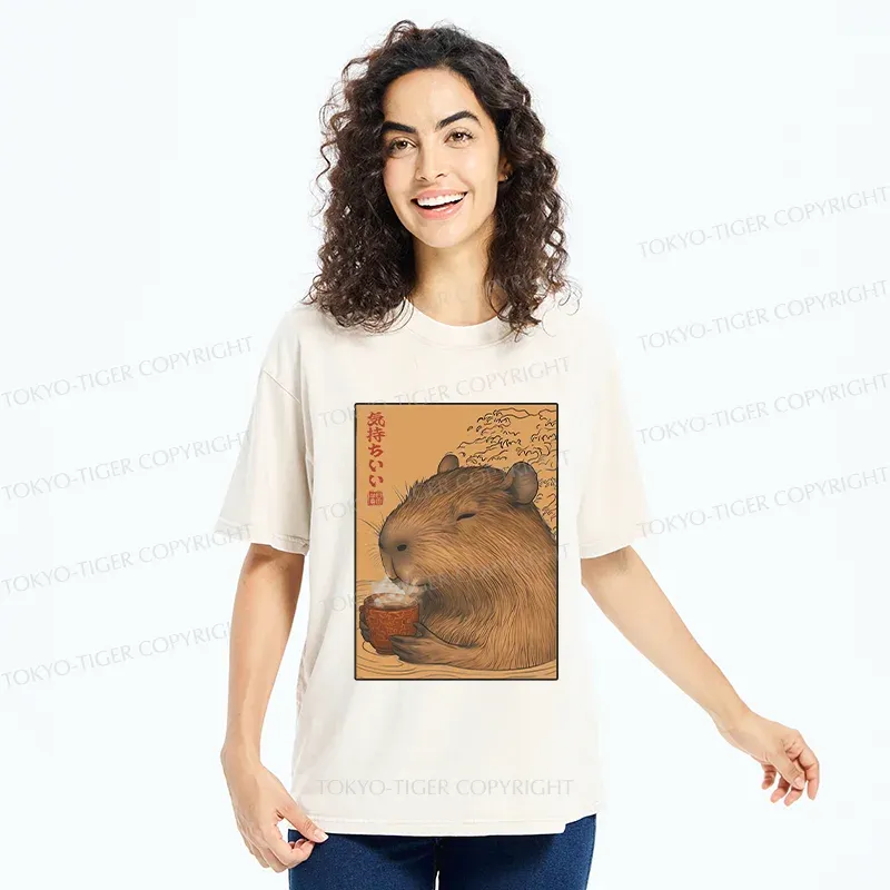 Tokyo-Tiger Capybara Taking A Bath Washed T-Shirt