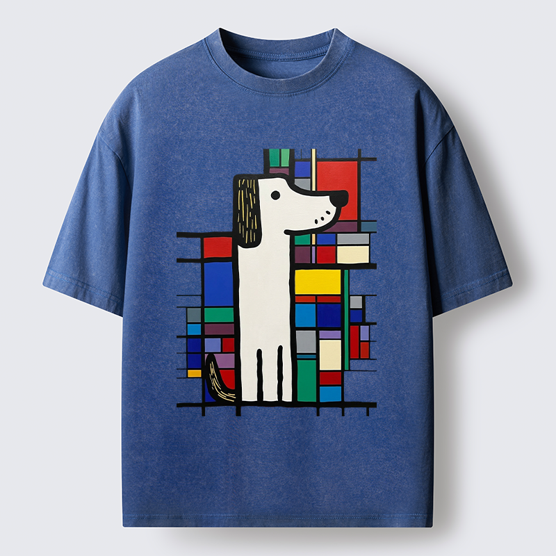 Tokyo-Tiger Geometric Cute Dog Art Washed T-Shirt