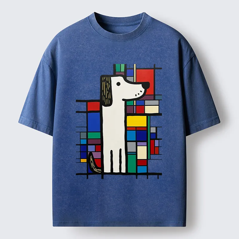Tokyo-Tiger Geometric Cute Dog Art Washed T-Shirt