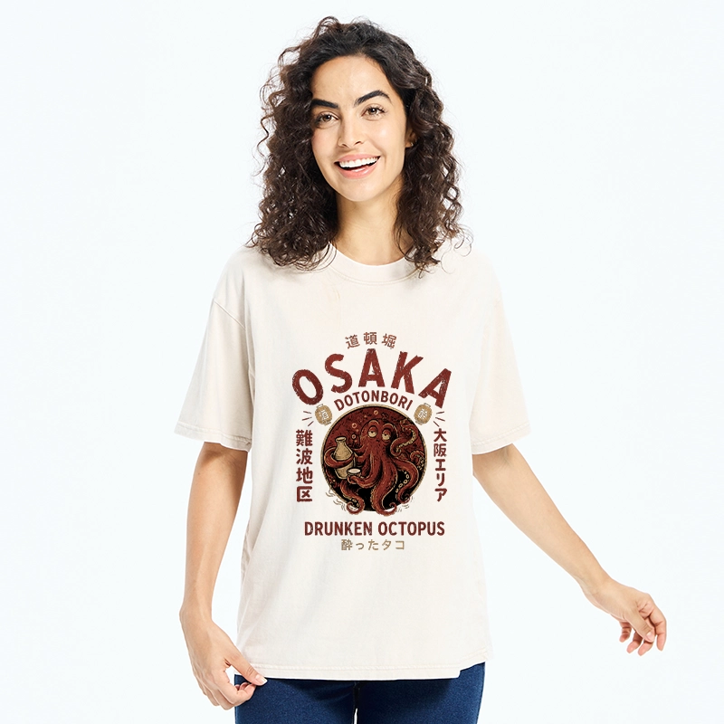 Tokyo-Tiger Osaka Artwork Of Wine Drunk Octopus Washed T-Shirt