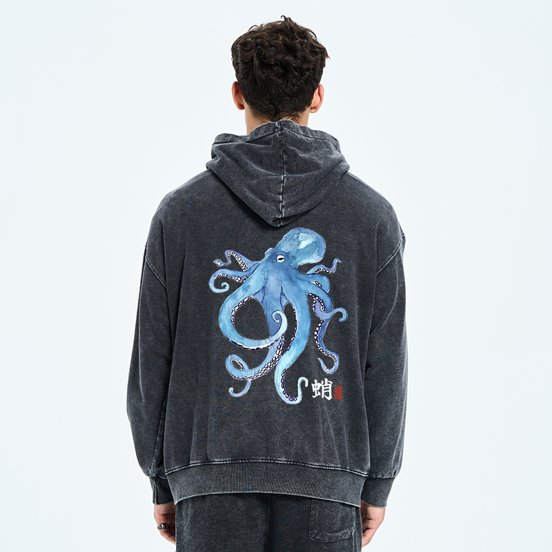 Tokyo-Tiger Watercolor Blue Octopus Washed Zip Hoodie