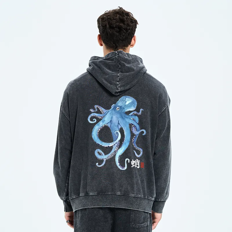 Tokyo-Tiger Watercolor Blue Octopus Washed Zip Hoodie