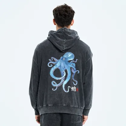 Tokyo-Tiger Watercolor Blue Octopus Washed Zip Hoodie