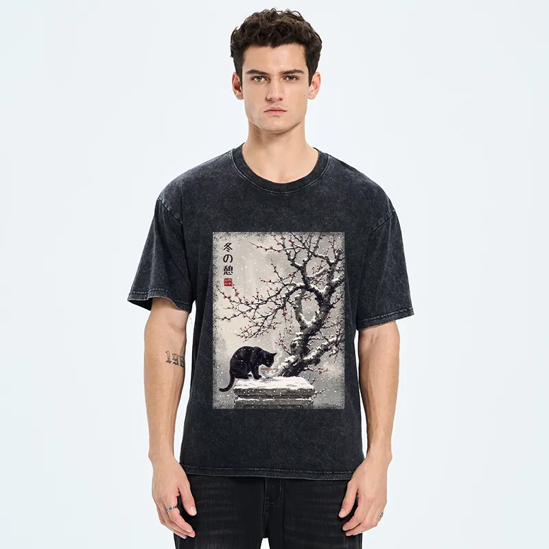 Tokyo‑Tiger Snow Cat Calm Vibes Washed T-Shirt