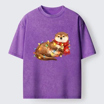 Tokyo-Tiger Cozy Otter With Christmas Lights Washed T-Shirt