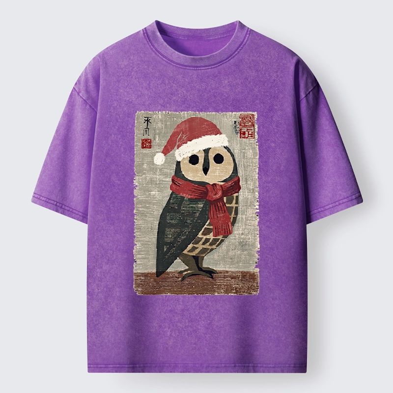 Tokyo-Tiger Christmas Owl Santa Hat Washed T-Shirt
