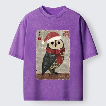Tokyo-Tiger Christmas Owl Santa Hat Washed T-Shirt