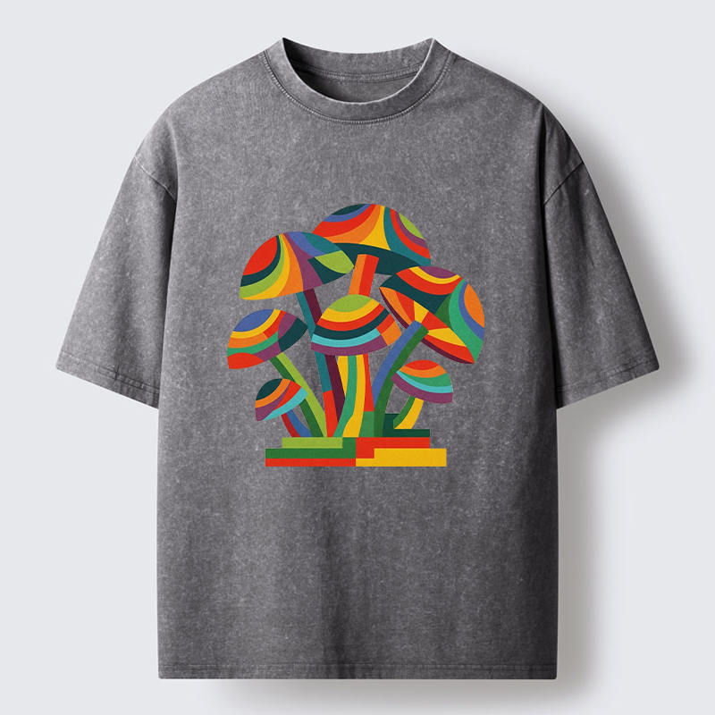 Tokyo-Tiger Retro Rainbow Mushroom Art Washed T-Shirt