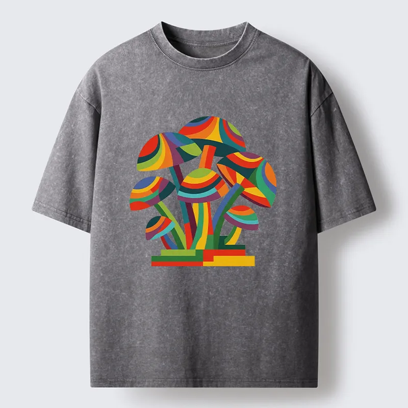 Tokyo-Tiger Retro Rainbow Mushroom Art Washed T-Shirt