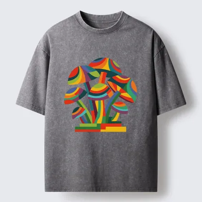 Tokyo-Tiger Retro Rainbow Mushroom Art Washed T-Shirt