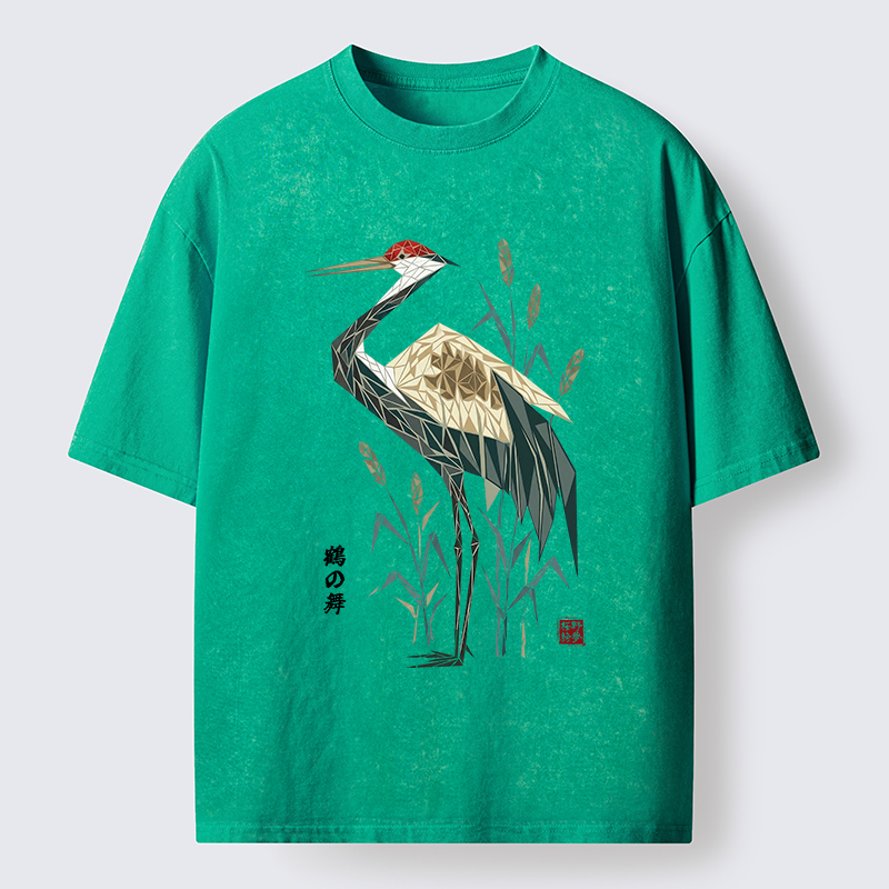 Tokyo-Tiger Geometric Crane Oriental Art Washed T-Shirt