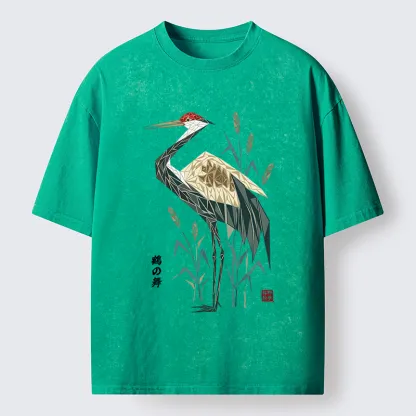 Tokyo-Tiger Geometric Crane Oriental Art Washed T-Shirt