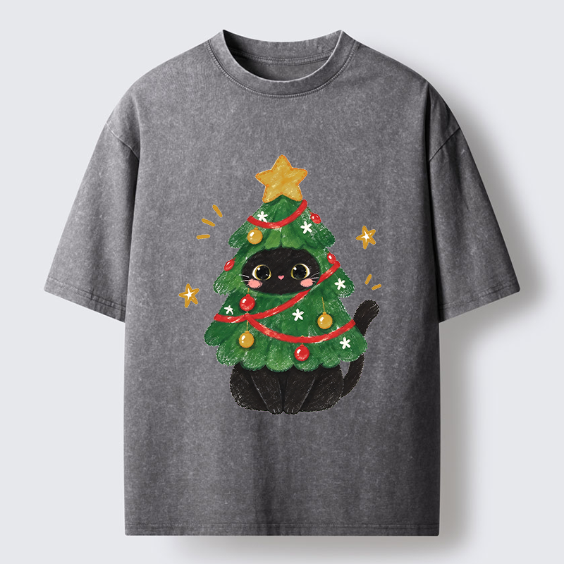 Tokyo-Tiger Christmas Tree Black Cat Washed T-Shirt
