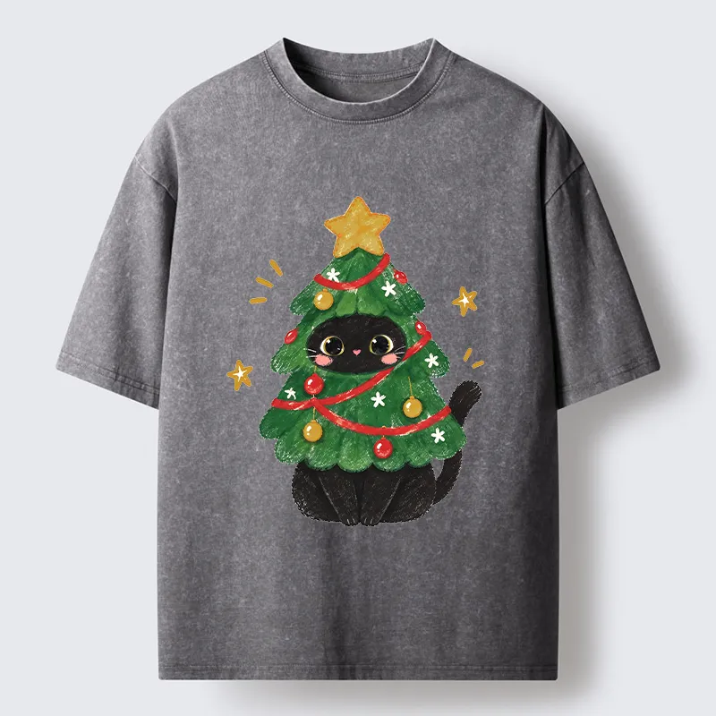 Tokyo-Tiger Christmas Tree Black Cat Washed T-Shirt