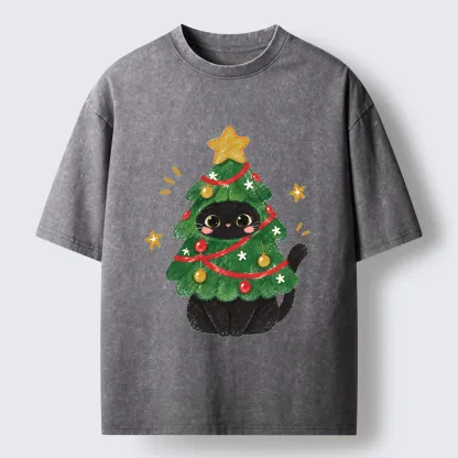 Tokyo-Tiger Christmas Tree Black Cat Washed T-Shirt