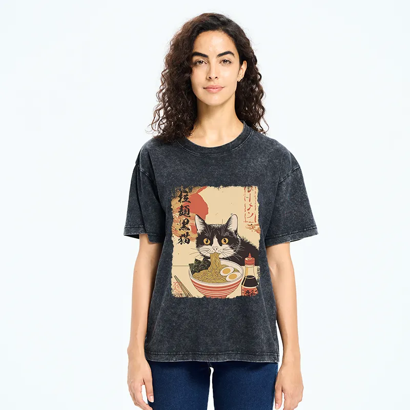 Tokyo-Tiger Black Cat Eats Ramen Japan Retro Washed T-Shirt