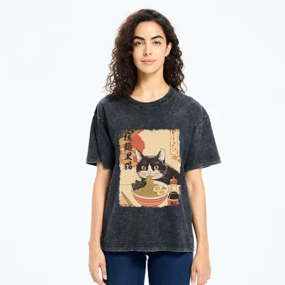 Tokyo-Tiger Black Cat Eats Ramen Japan Retro Washed T-Shirt