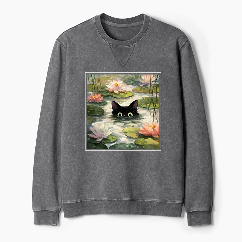 Tokyo-Tiger Black Cat and Lotus Flower Washed Terry Sweatshirt