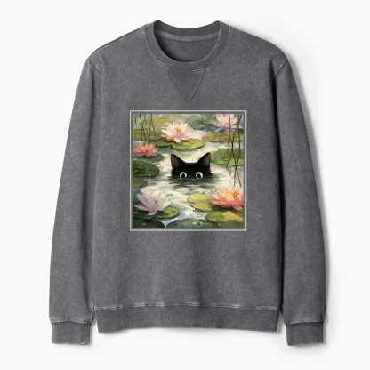 Tokyo-Tiger Black Cat and Lotus Flower Washed Terry Sweatshirt