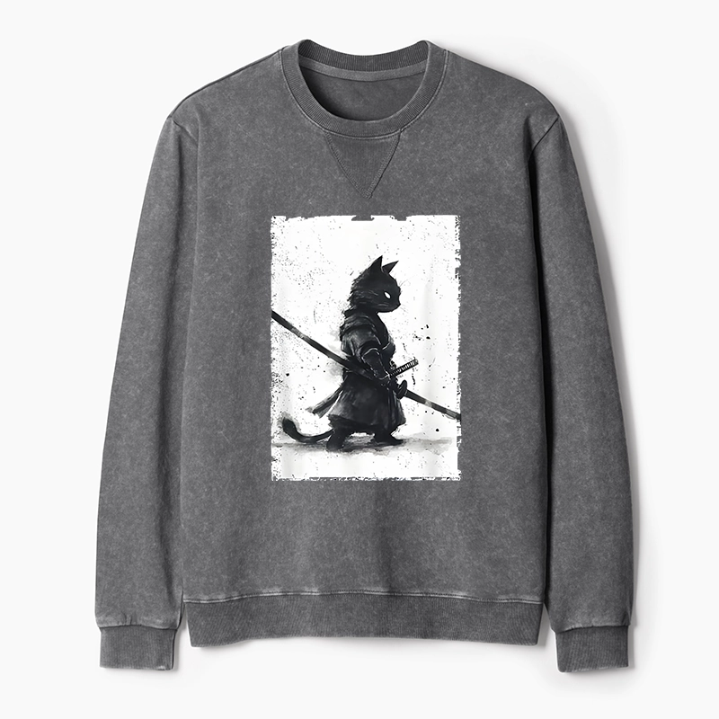 Tokyo-Tiger Retro Cat Samurai Japanese Washed Terry Sweatshirt