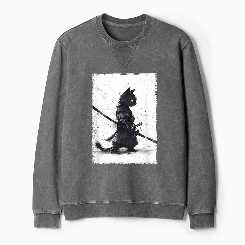 Tokyo-Tiger Retro Cat Samurai Japanese Washed Terry Sweatshirt