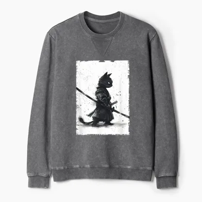 Tokyo-Tiger Retro Cat Samurai Japanese Washed Terry Sweatshirt