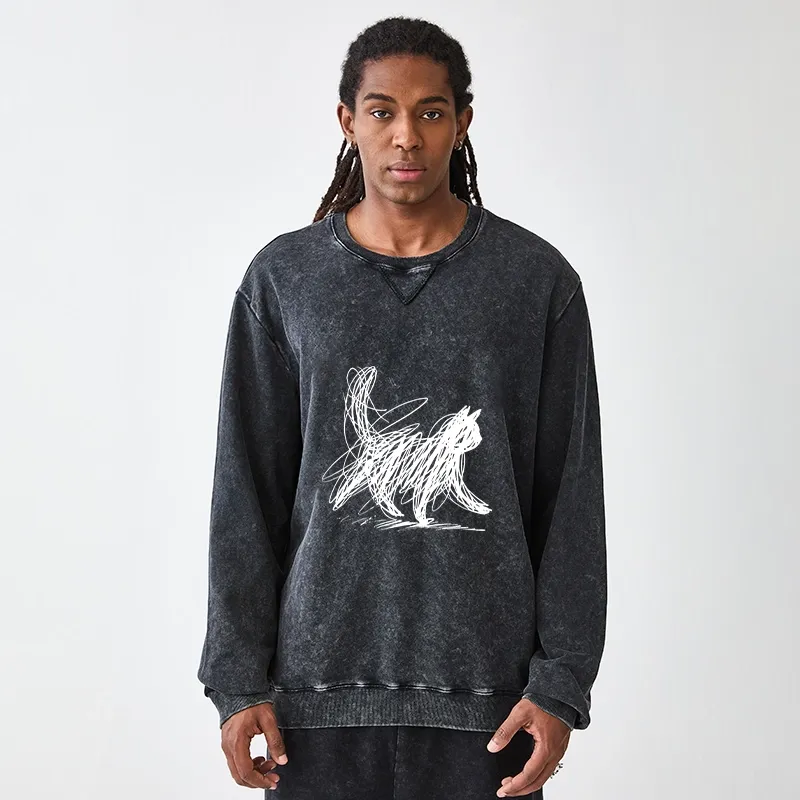 Tokyo-Tiger Minimalist Cat Art Washed Terry Sweatshirt