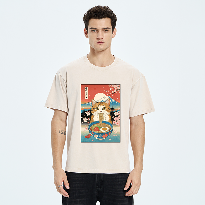 Tokyo-Tiger Orange Cat Eating Ramen Washed T-Shirt