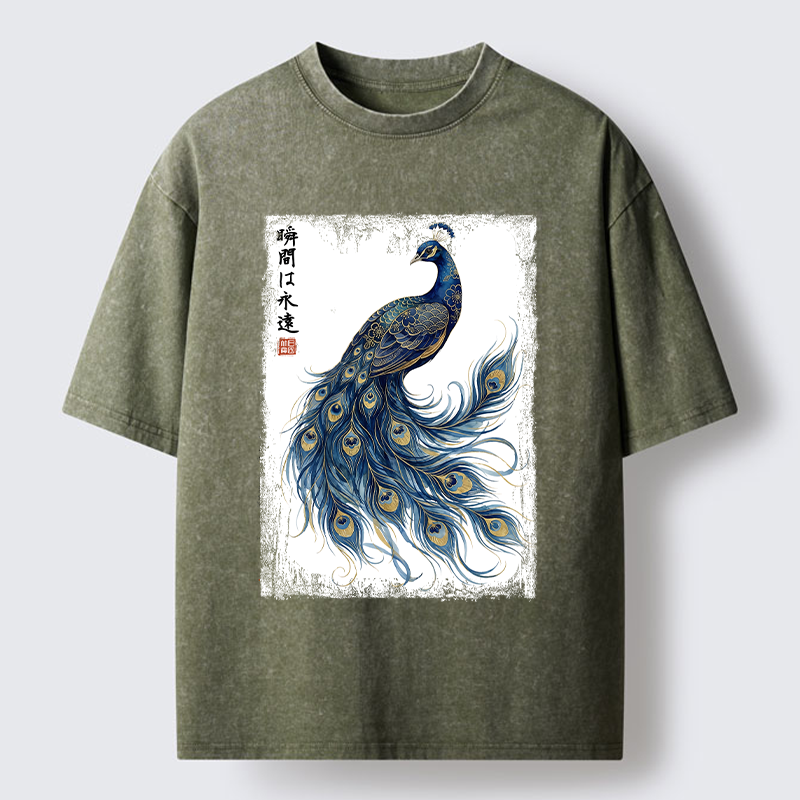Tokyo-Tiger Elegant Peacock Art Washed T-Shirt