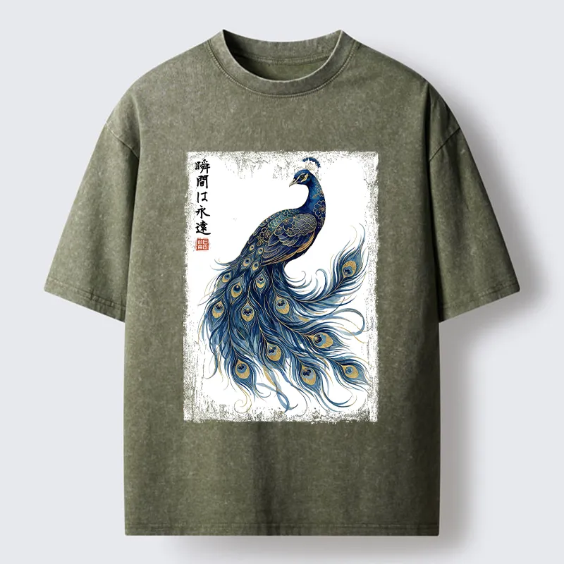 Tokyo‑Tiger Elegant Peacock Art Washed T‑Shirt Sale