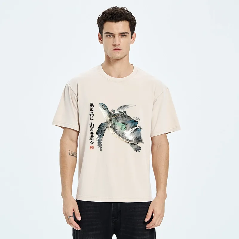 Tokyo-Tiger Ink Wash Sea Turtle Art Washed T-Shirt