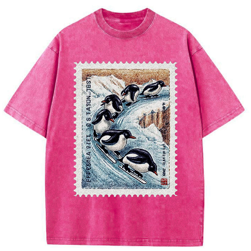 Tokyo-Tiger Gliding Penguin Stamp Washed T-Shirt