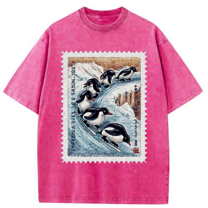 Tokyo-Tiger Gliding Penguin Stamp Washed T-Shirt