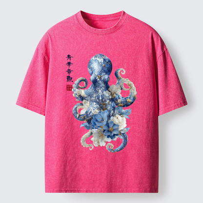 Tokyo-Tiger Porcelain Blossom Octopus Washed T-Shirt