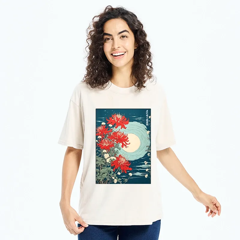 Tokyo‑Tiger Moon Red Spider Lily Washed T‑Shirt