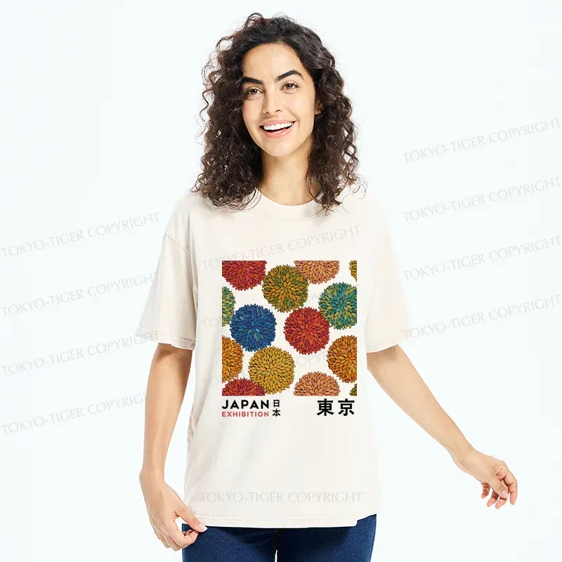 Tokyo-Tiger Japanese Flower Art Washed T-Shirt
