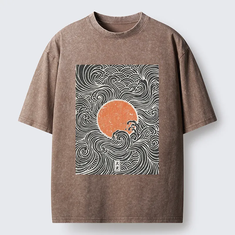 Tokyo-Tiger Ukiyo-e Sun And Waves Washed T-Shirt