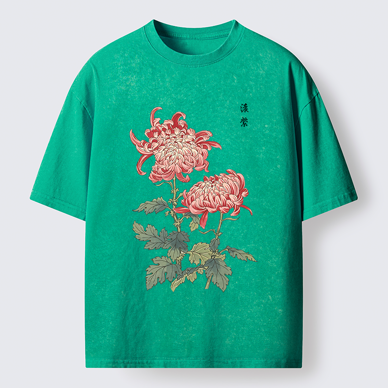Tokyo-Tiger Vintage Red Chrysanthemum Flower Washed T-Shirt