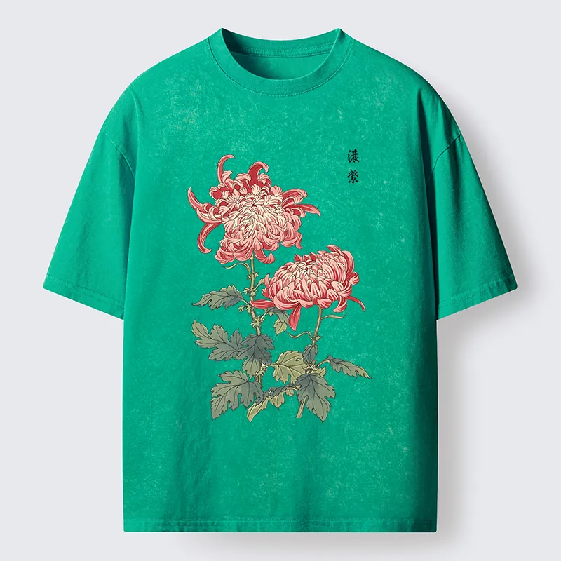 Tokyo-Tiger Vintage Red Chrysanthemum Flower Washed T-Shirt