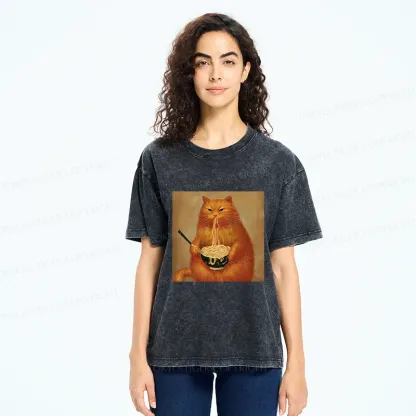 Tokyo-Tiger Cat Eating Ramen Japanese Retro Washed T-Shirt