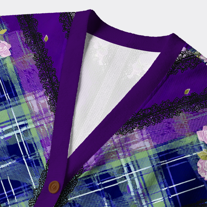 Tokyo-Tiger Tartan of Roses & Lace Ugly Cardigan Sweater