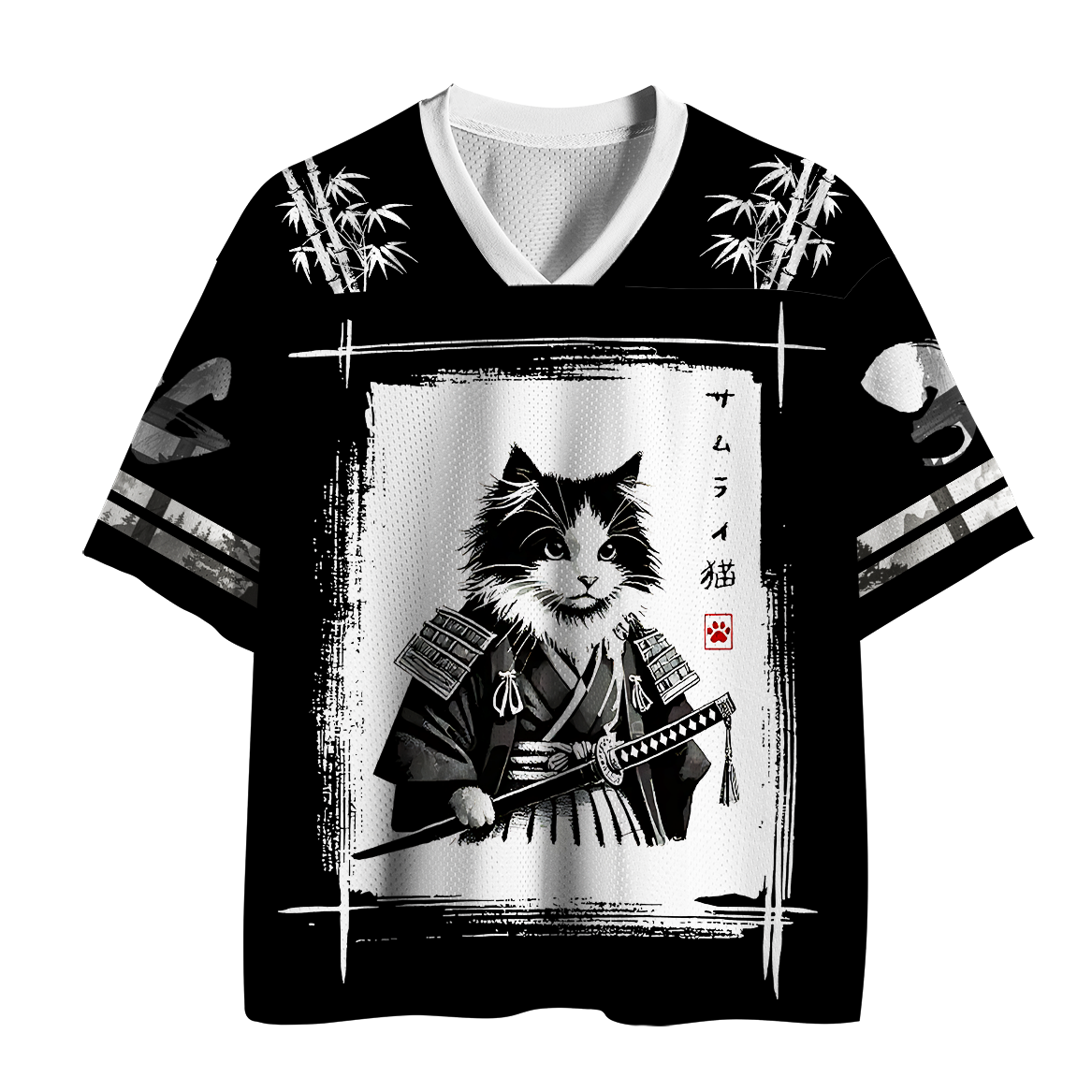 Tokyo-Tiger Sumi-e Bamboo Samurai Cat Mesh Jersey