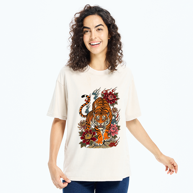 Tokyo-Tiger Floral Tiger Art Washed T-Shirt