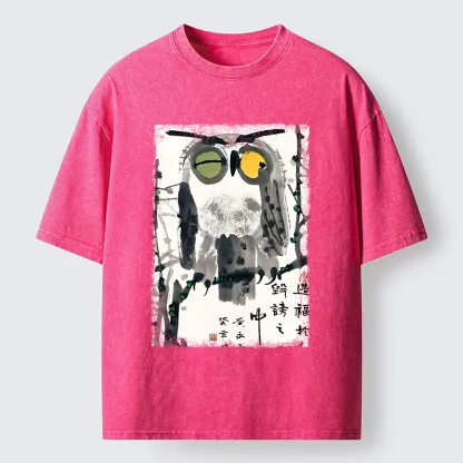 Tokyo-Tiger Oriental Ink Owl Art Washed T-Shirt